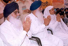 Former Punjab Chief Minister Parkash Singh Badal, former minister Ajit Singh Kohar and former SGPC chief Bibi Jagir Kaur during an Akali Dal meeting
