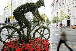 A shrub depicting a cyclist is displayed in central Manchester