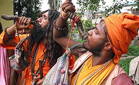 Amarnath-bound sadhus blow horns