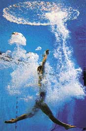 Australian diver Irina Lashko rises to the top of the pool after her dive in the women�s one metre springboard preliminaries