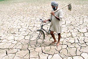 A farmer pushes his bicycle