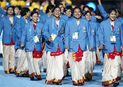 Members of the Indian team parade during the opening ceremony of the 2002 Commonwealth Games 
