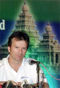 Australian Test cricket captain Steve Waugh listens to a journalist's question 