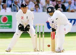 India's Rahul Dravid sends the ball past England's Alec Stewart