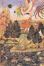 The Simurgh carries two princes in his beak. Mughal painting with some European influence, 17th century