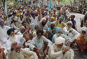 BKU activists stage a dharna on the Bathinda-Barnala road near Bhuchu Khurd village 