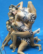 The Spanish synchronised swimming team performs at the start of the team competition
