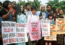 Human rights activists urge Pakistan to take back stranded Biharis from Bangladesh during a protest in Dhaka on Monday