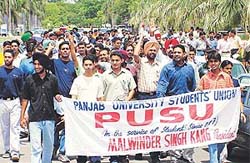 Activists of PUSU organise a protest march in support of their demands on the Panjab University campus in Chandigarh on Tuesday.