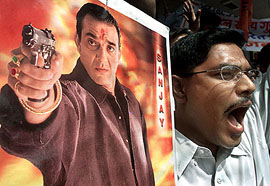 A BJP activist shouts slogans against Bollywood star Sanjay Dutt