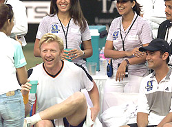 German tennis star Boris Becker shares a joke with an Indian fan