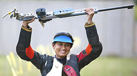 India�s Anjali Bhagwat celebrates after winning the gold medal