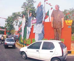 Cutouts of Prime Minister Atal Behari Vajpayee, Deputy Prime Minister L. K. Advani, BJP President Venkaiah Naidu and Delhi BJP chief