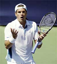 Tommy Haas of Germany reacts after a line call went against him 