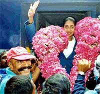 Anju B. George,  the Commonwealth Games bronze medallist in long jump, being felicitated on her arrival