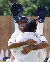 Harbhajan Singh celebrates the dismissal of Ronnie