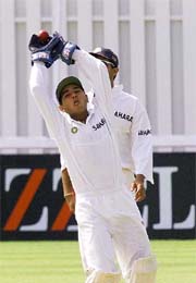 India's 17 year-old wicket keeper Parthiv Patel celebrates India's 17-year-old wicketkeeper Parthiv Patel celebrates the dismissal of Jon Dakin