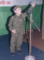 A student dressed as Subhash Chandra Bose at Bal Bhavan.