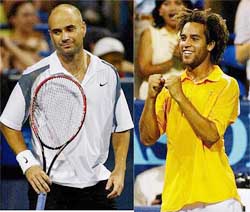 Andre Agassi reacts during his match against James Blake