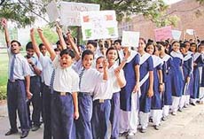 Students of GMSSS-33 participate in a rally held to mark Sadbhavna Divas in Sector 33, Chandigarh, on Tuesday.
