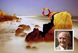 A time exposure photograph shows Eduardo Chillida's "Comb of the Wind" abstract work