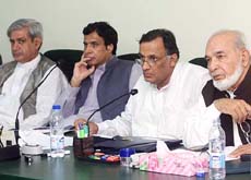 Leaders of the Pakistan Muslim League Quaid-e-Azam party Majid Malik, Mian Azhar, Chaudhry Pervez Ilahi and Fakhar-e-Imam hold a party meeting to decide on candidates for the upcoming national elections in Lahore on Wednesday