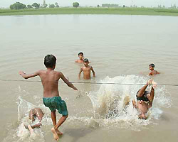 Border village boys enjoy a dip in a pond