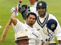 India's Sachin Tendulkar acknowledges his century