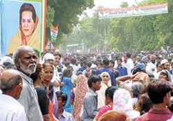 A hoarding of Ms Sonia Gandhi displayed outside the Ferozeshah Kotla ground