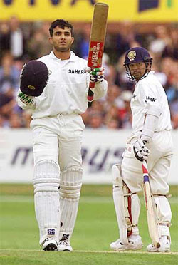 India's Saurav Ganguly celebrates his 100