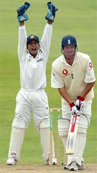 India's wicketkeeper Parthiv Patel appeals as England's Robert Key is trapped LBW