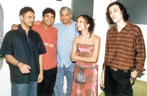 Mr Diwakar Shastri, Mr Ajay Jadeja and Mr Vivek Khushalani, directors of Senso Restaurant and Bar with Anoushka Shankar and friend Nishant at a party after the release of a book, �Bapi, the love of my life� in the Capital.