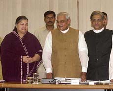 Prime Minister Atal Behari Vajpayee with Tamil Nadu Chief Minister Jayalalitha and her Karnataka counterpart