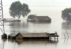 Waters from the swollen Yangtze river inundate houses
