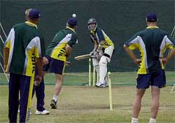 Australia's Glenn McGrath practices on Wednesday