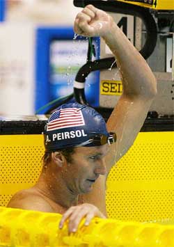 World Record holder Aaron Peirsol of the United States celebrates after winning the men's 200-metre backstroke final