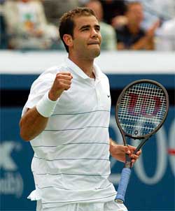 Pete Sampras of the USA celebrates his win over Albert Portas of Spain