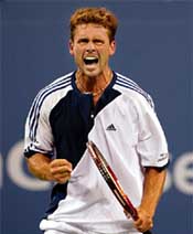 Jan-Michael Gambill of the USA celebrates his win over Carlos Moya of Spain