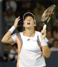 Monica Seles of the USA reacts after missing a point against Austria's Barbara Schwartz