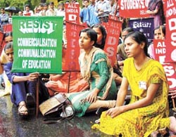 Students under the banner of All India Democratic Front sitting on a dharna against fee hike and privatisation of education