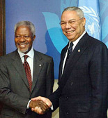 US Secretary of State Colin Powell shakes hands with United Nations Secretary General Kofi Annan 