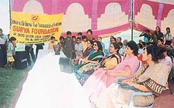 Members of the Surya Foundation and Social Welfare Advisory Board at a prize distribution function at Hallomajra on Friday