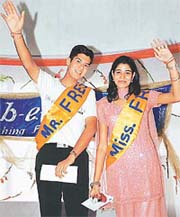 Dhruv and Sonam, wave out to the students after being selected Mr and Miss Fresher respectively at a fresher�s part in GGDSD College, Sector 32 Chandigarh, on Friday