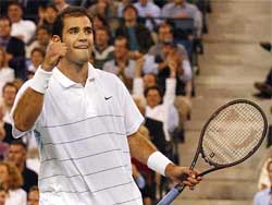 Pete Sampras of the USA celebrates his win over compatriot Andy Roddick during their quarterfinal match 