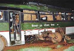The HRTC bus that was hit by a speeding truck at the Transport Chowk traffic lights, Chandigarh, early on Sunday