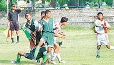 Boys of Sanjay Public School, Sector 44, play for the DAV Trophy against DAV Senior Secondary School, Sector 8, in Sector 17 Football Stadium, Chandigarh, on Tuesday.