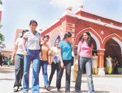 Students of the Khalsa College for Women, Ludhiana, wearing jeans on the campus