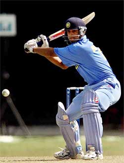 Rahul Dravid of India hits a shot during their match against Zimbabwe