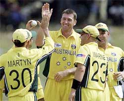 Australia's Glenn McGrath celebrates with teammates