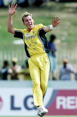 Brett Lee of Australia celebrates after dismissing Daryl Tuffey